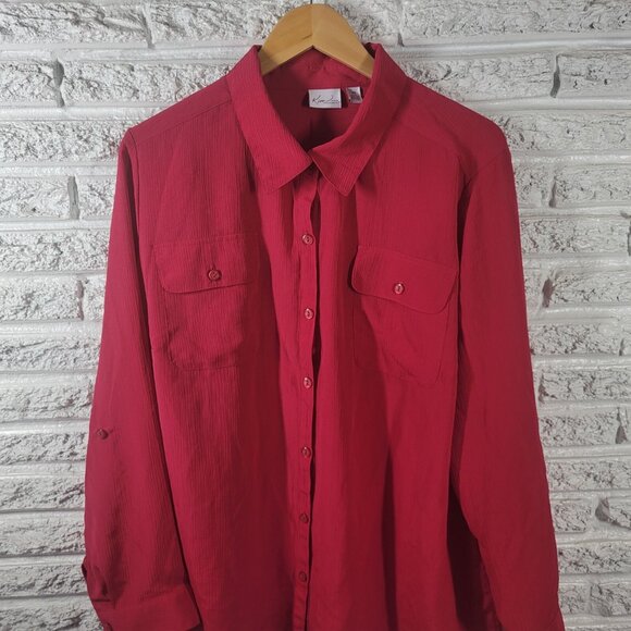 Kim Rogers Women Top 3X Plus Roll Tab Sleeve Red Pockets Lightweight RED16E - Picture 3 of 9
